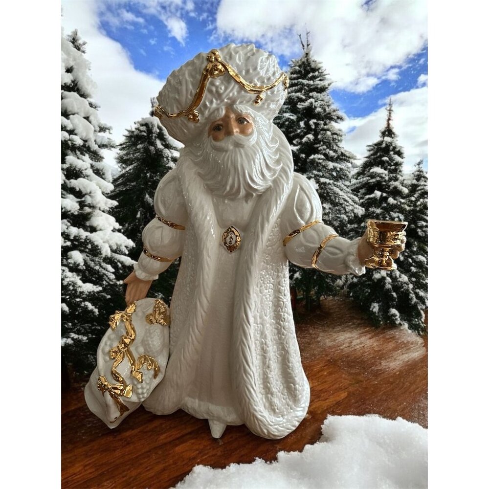 Porcelain Large Santa Claus Figurine Gold Accents Holding Goblet & Bag Of Gifts